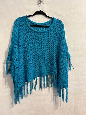 GeeGee Women’s Crochet Fringe Poncho Top Teal Boho Festival Cover Up S/M relaxed